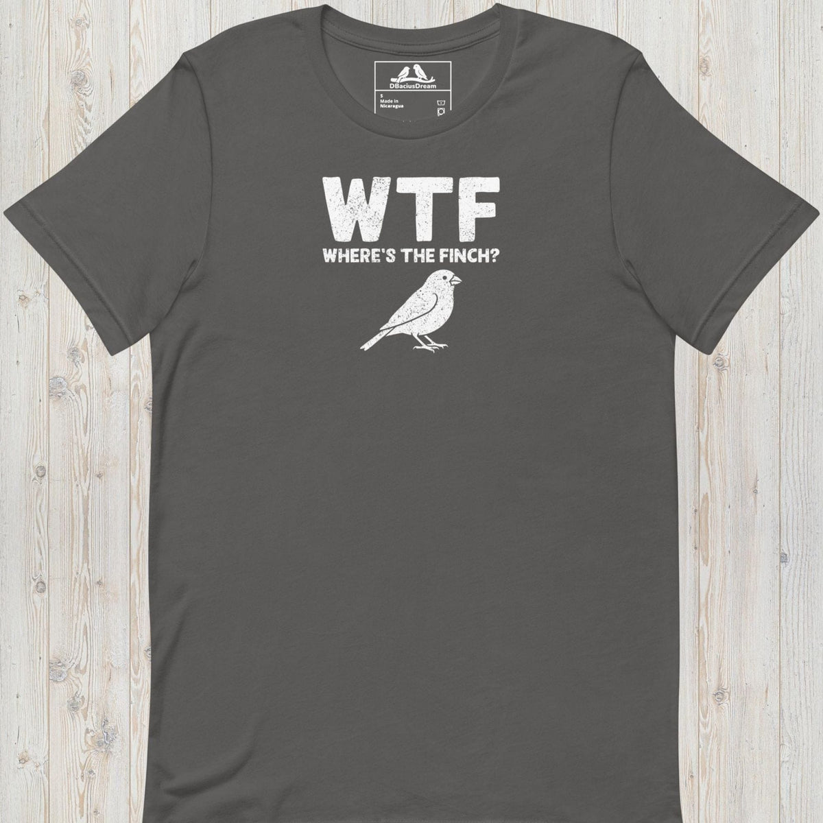 Gray funny finch t-shirt with a white finch graphic and the quote "WTF Where's The Finch"