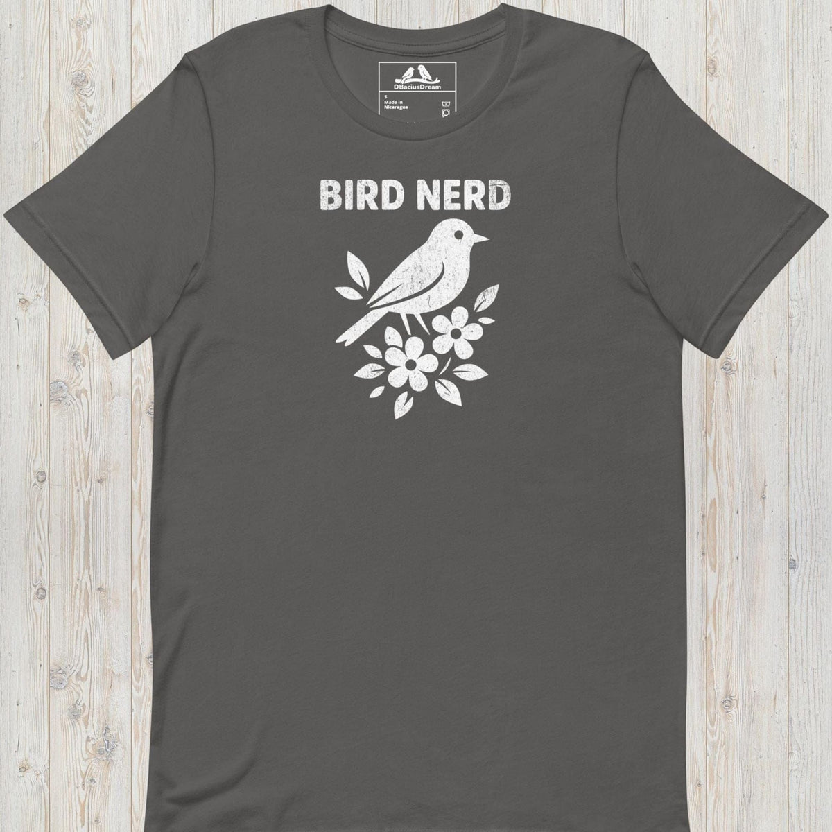 Gray vintage bird nerd t-shirt featuring a simple white bird graphic and Bird Nerd text