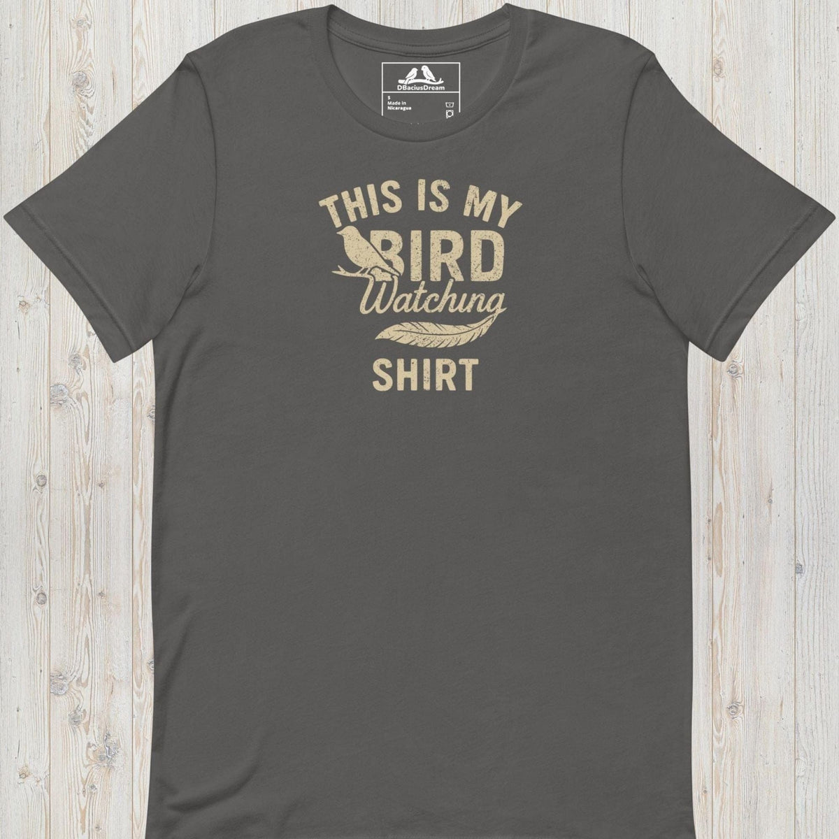 Gray birdwatching t-shirt with bird silhouette and the quote "This Is My Bird Watching Shirt"