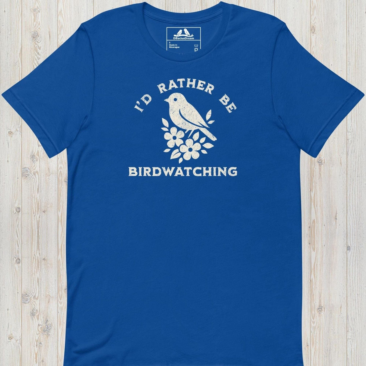 Blue I'd Rather Be Birdwatching T-Shirt with vintage bird graphic