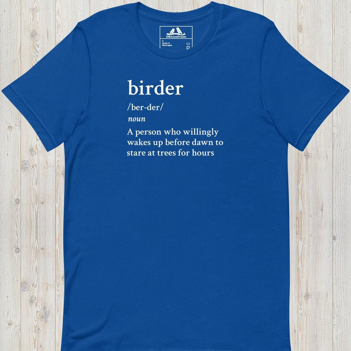 Blue funny birder definition t-shirt with dictionary-style birder quote in white text