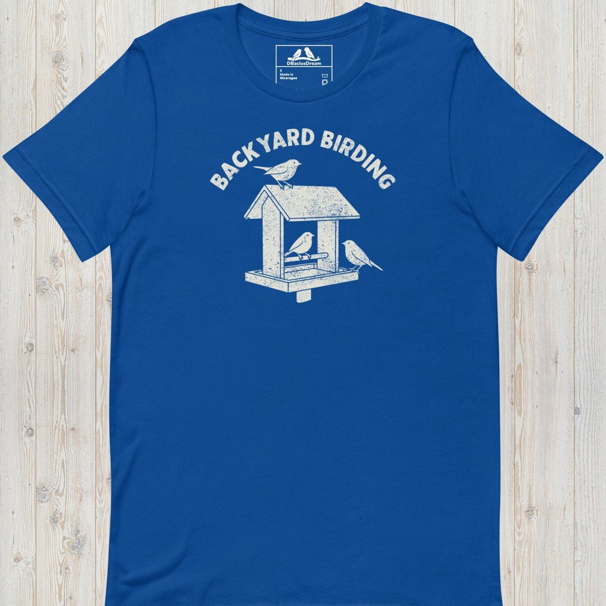 Blue backyard birding t-shirt with a bird feeder graphic and birds