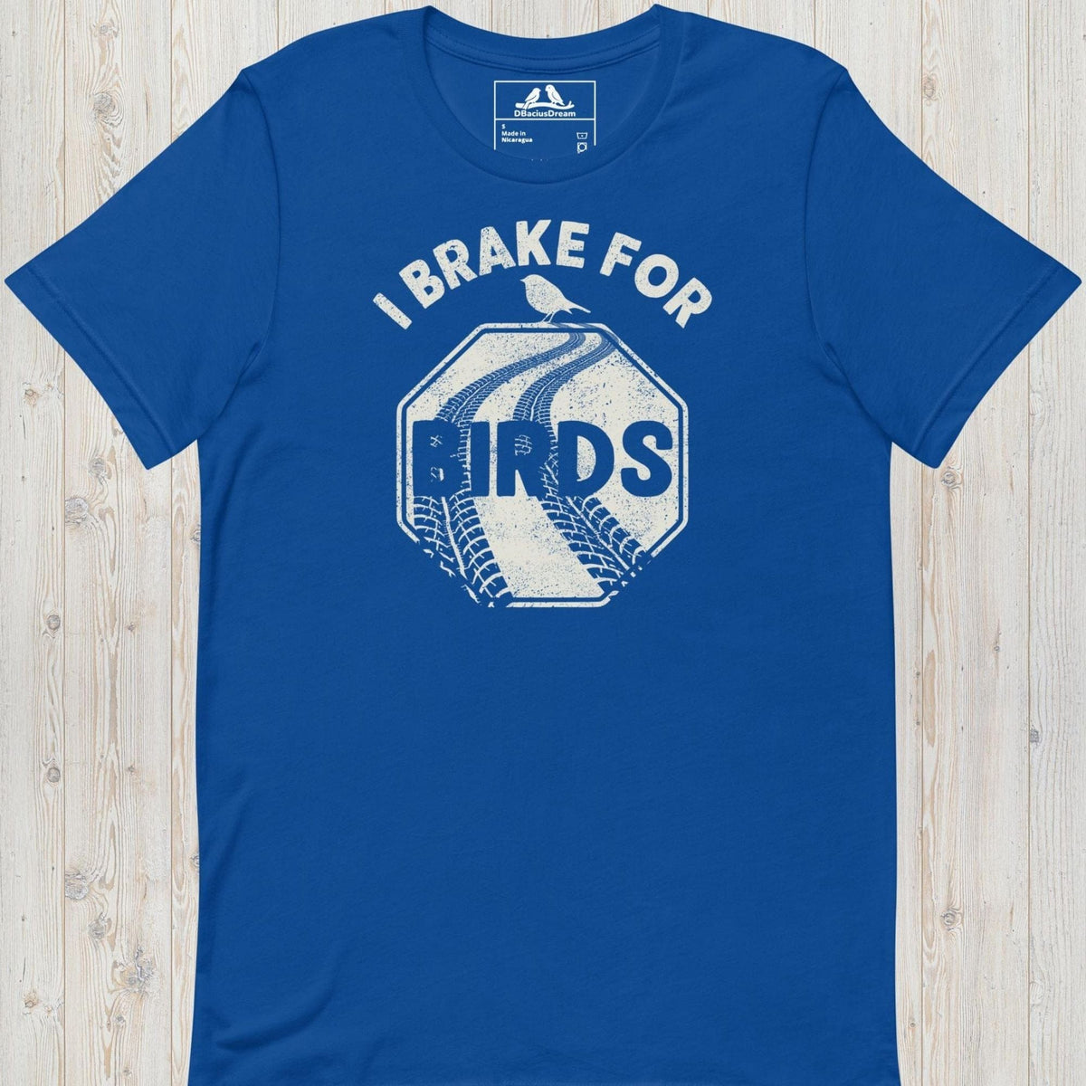 Blue I brake for birds t-shirt featuring a distressed road sign graphic