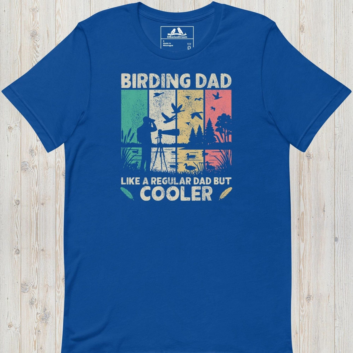 Blue birding dad t-shirt featuring a vintage birdwatching graphic and the quote "Birding Dad Like a Regular Dad But Cooler"