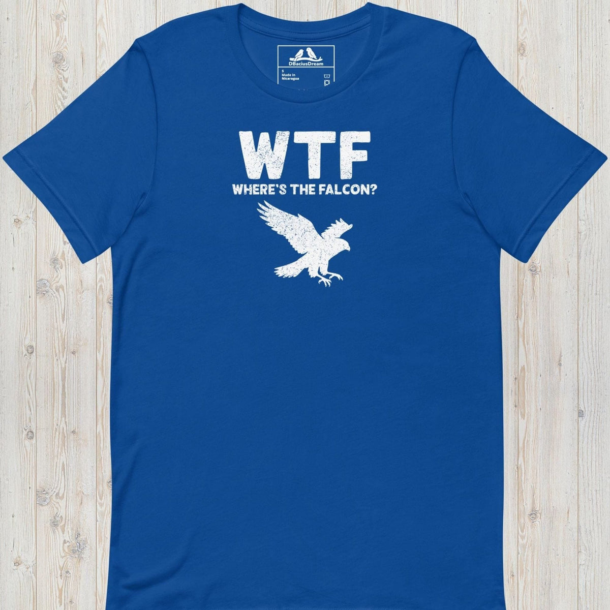 Blue funny falcon t-shirt with a white falcon graphic and the quote "WTF Where's The Falcon"