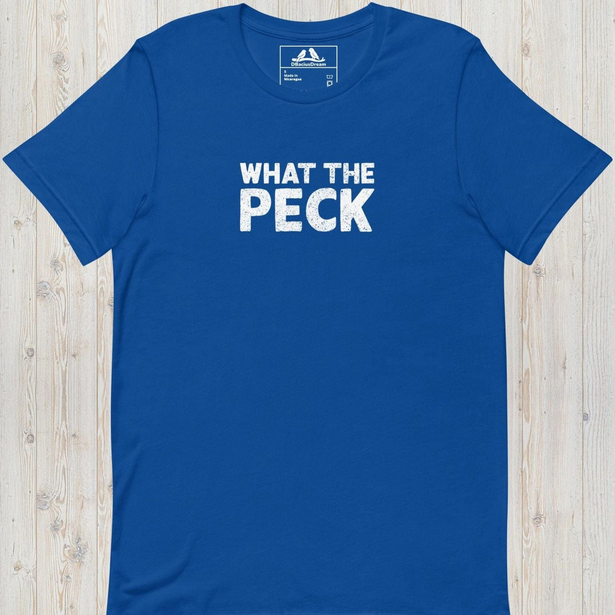 Blue bird pun t-shirt with "What The Peck" funny quote text design