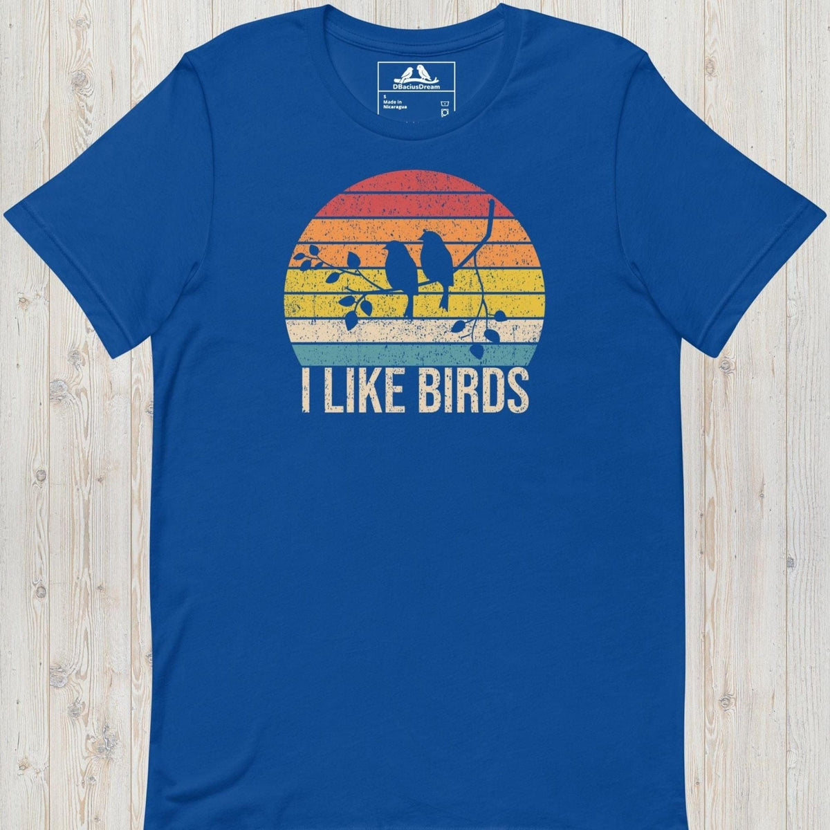 Blue I Like Birds graphic t-shirt with sunset bird silhouette design
