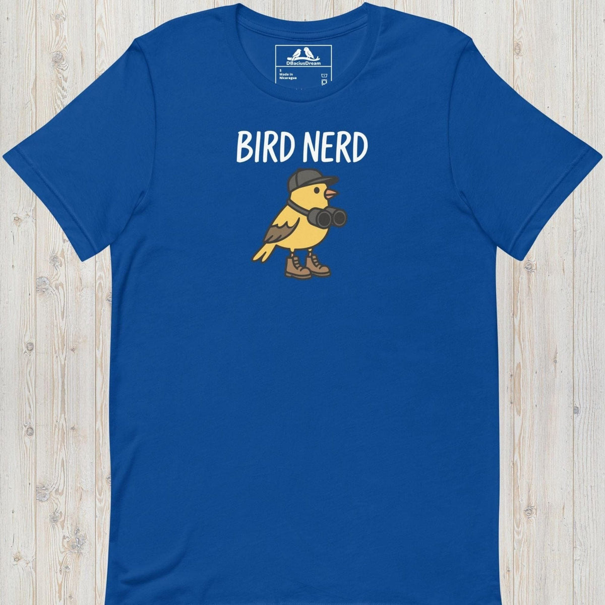 Blue cute bird nerd t-shirt with a yellow cartoon bird graphic and Bird Nerd text