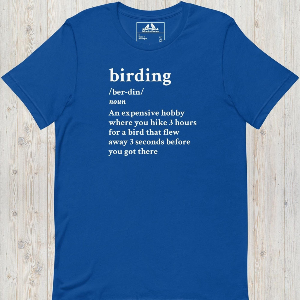 Blue funny birding definition t-Shirt with dictionary-style birding quote in white text