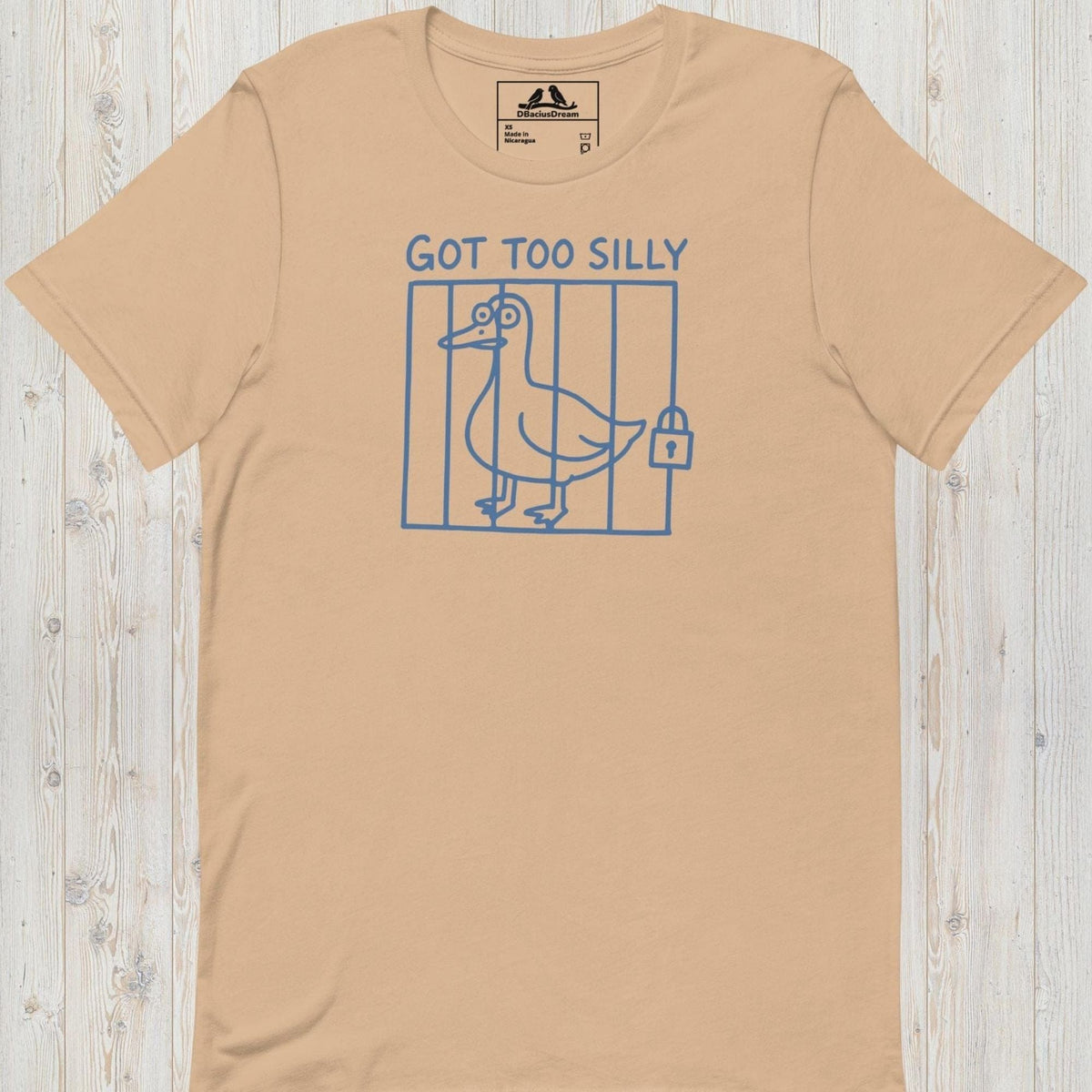 Beige got too silly funny goose t-shirt with a minimalist goose illustration behind bars and the quote "Got Too Silly"