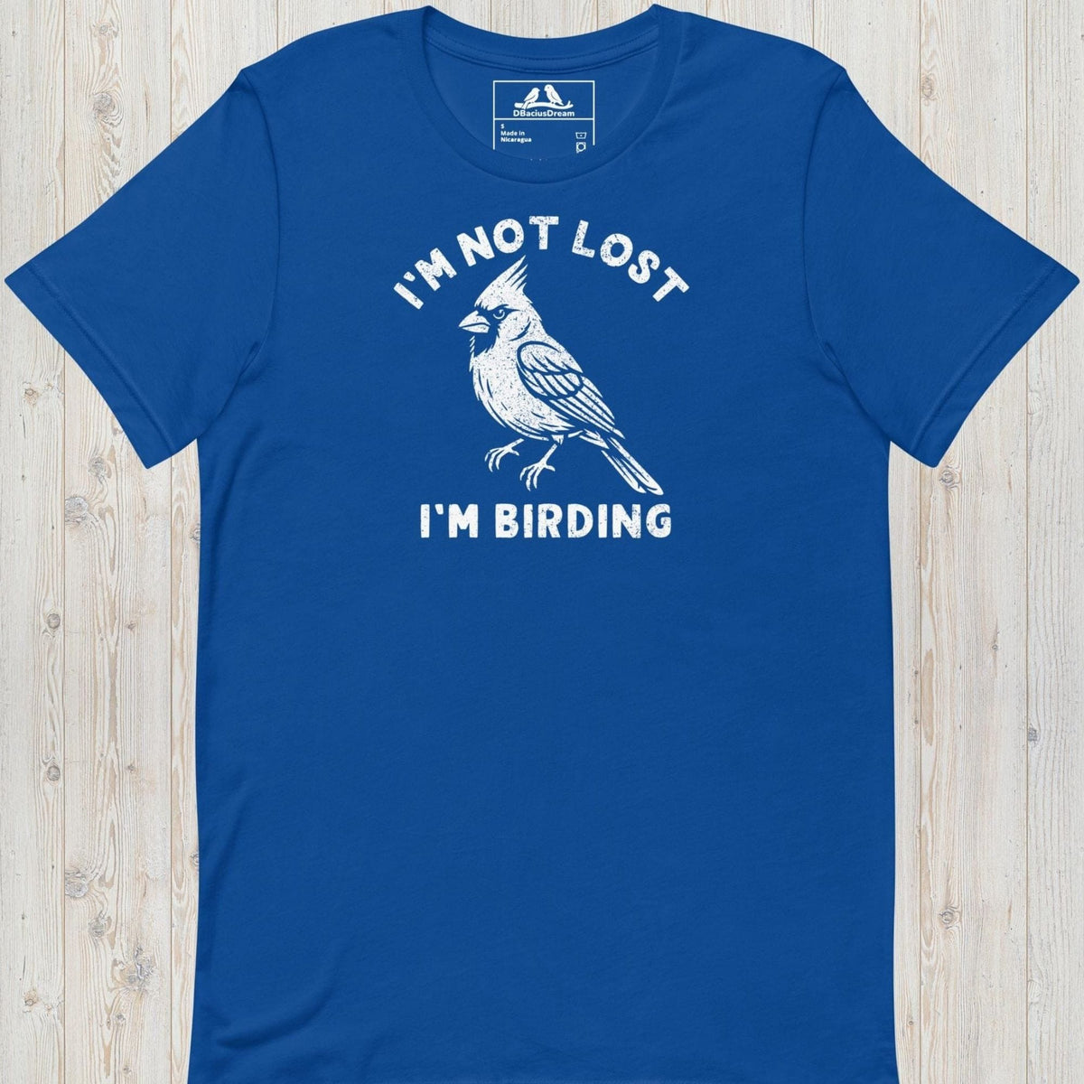 Blue funny birding t-shirt featuring a northern cardinal and "I'm Not Lost I'm Birding" text