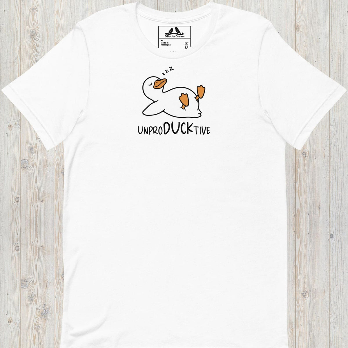 White funny duck t-shirt featuring a lazy duck lying on its back and the text "UnproDUCKtive"