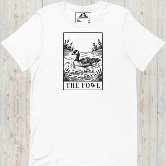 White funny goose t-shirt with a black graphic of a goose and the text ”The Fowl”