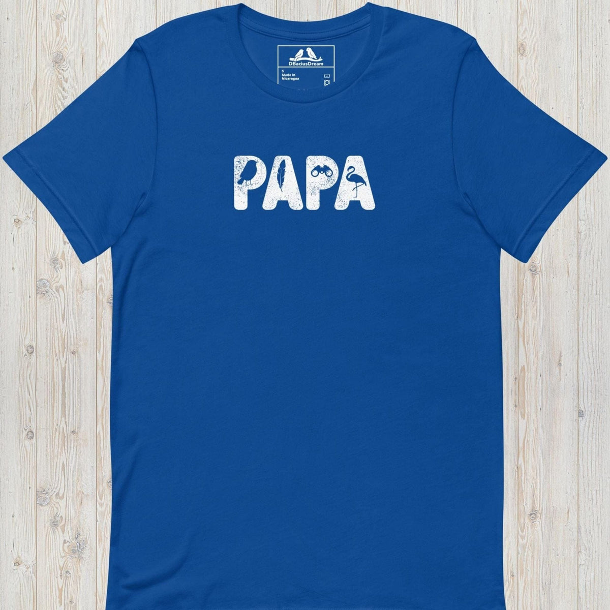 Blue Papa Birding T-Shirt with large papa text and birding elements