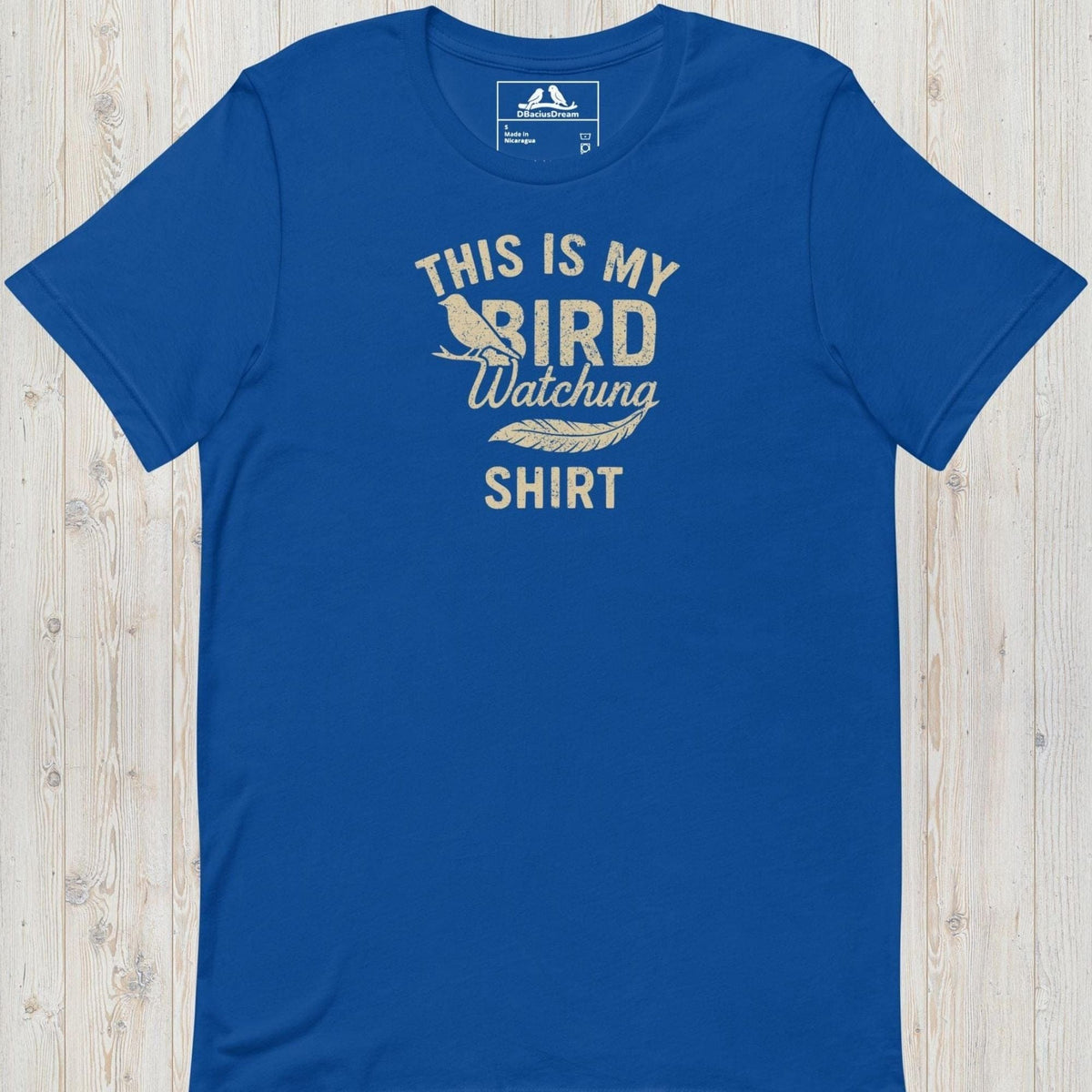 Blue birdwatching t-shirt with bird silhouette and the quote "This Is My Bird Watching Shirt"