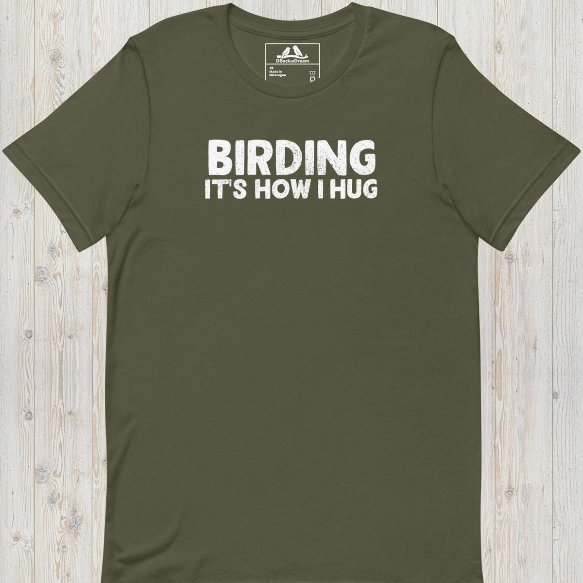 Olive green birding it's how I hug t-shirt with funny birdwatching quote design