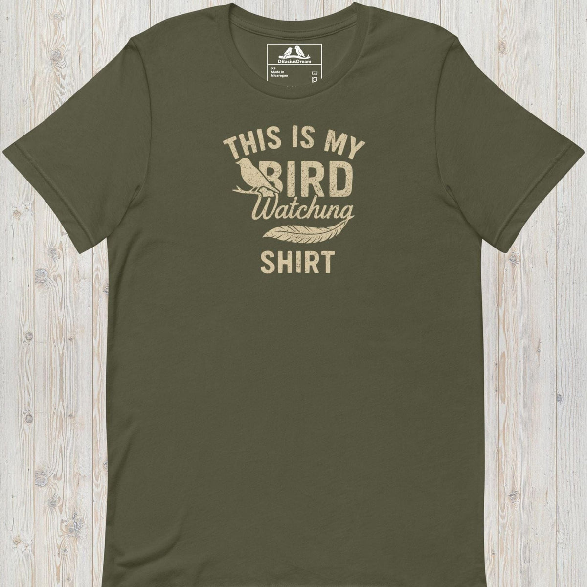 Olive green birdwatching t-shirt with bird silhouette and the quote "This Is My Bird Watching Shirt"