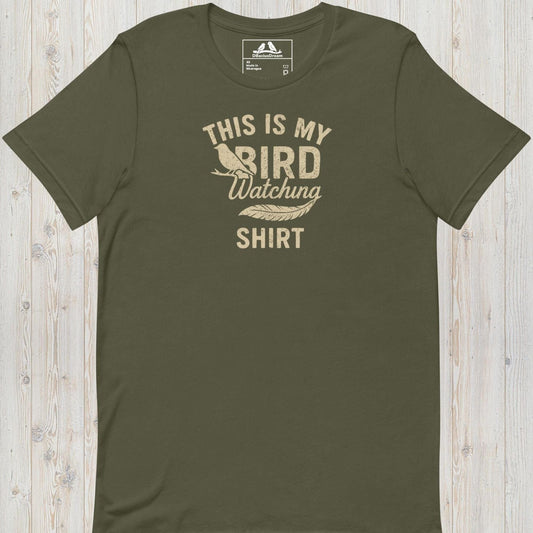 Olive green birdwatching t-shirt with bird silhouette and the quote "This Is My Bird Watching Shirt"