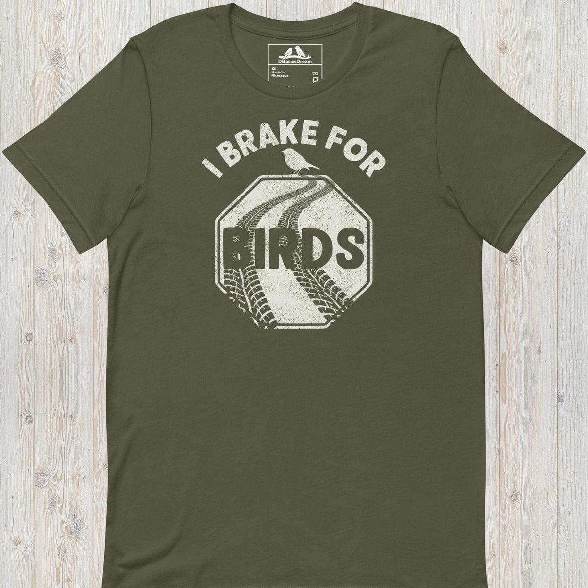 Olive Green I brake for birds t-shirt featuring a distressed road sign graphic