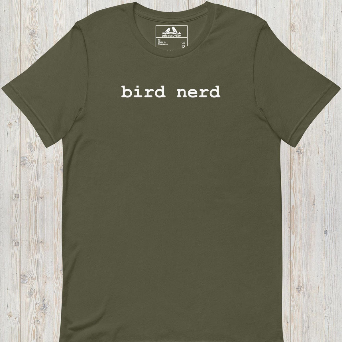 Olive green minimalistic bird nerd t-shirt with simple white bird nerd text design