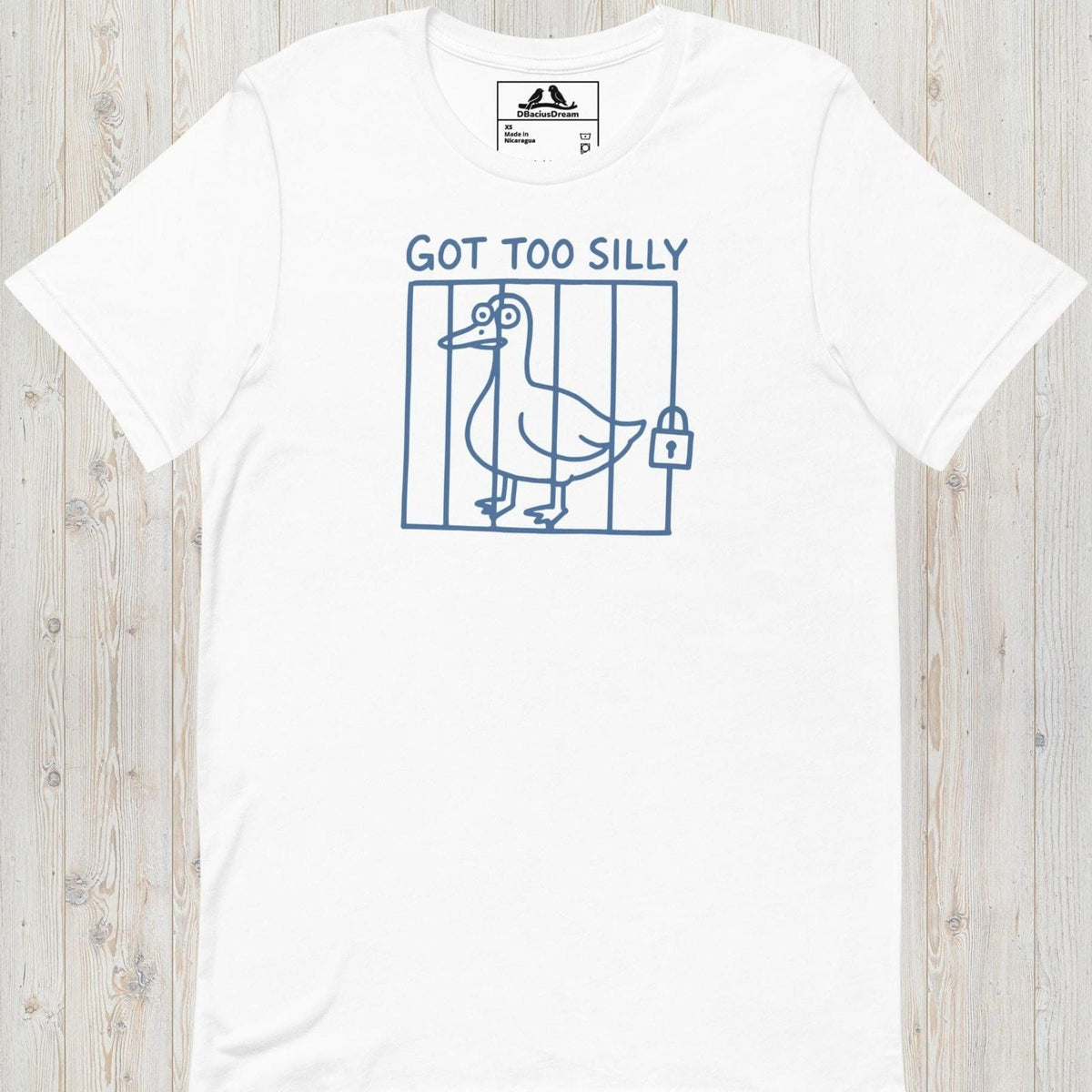White got too silly funny goose t-shirt with a minimalist goose illustration behind bars and the quote "Got Too Silly"