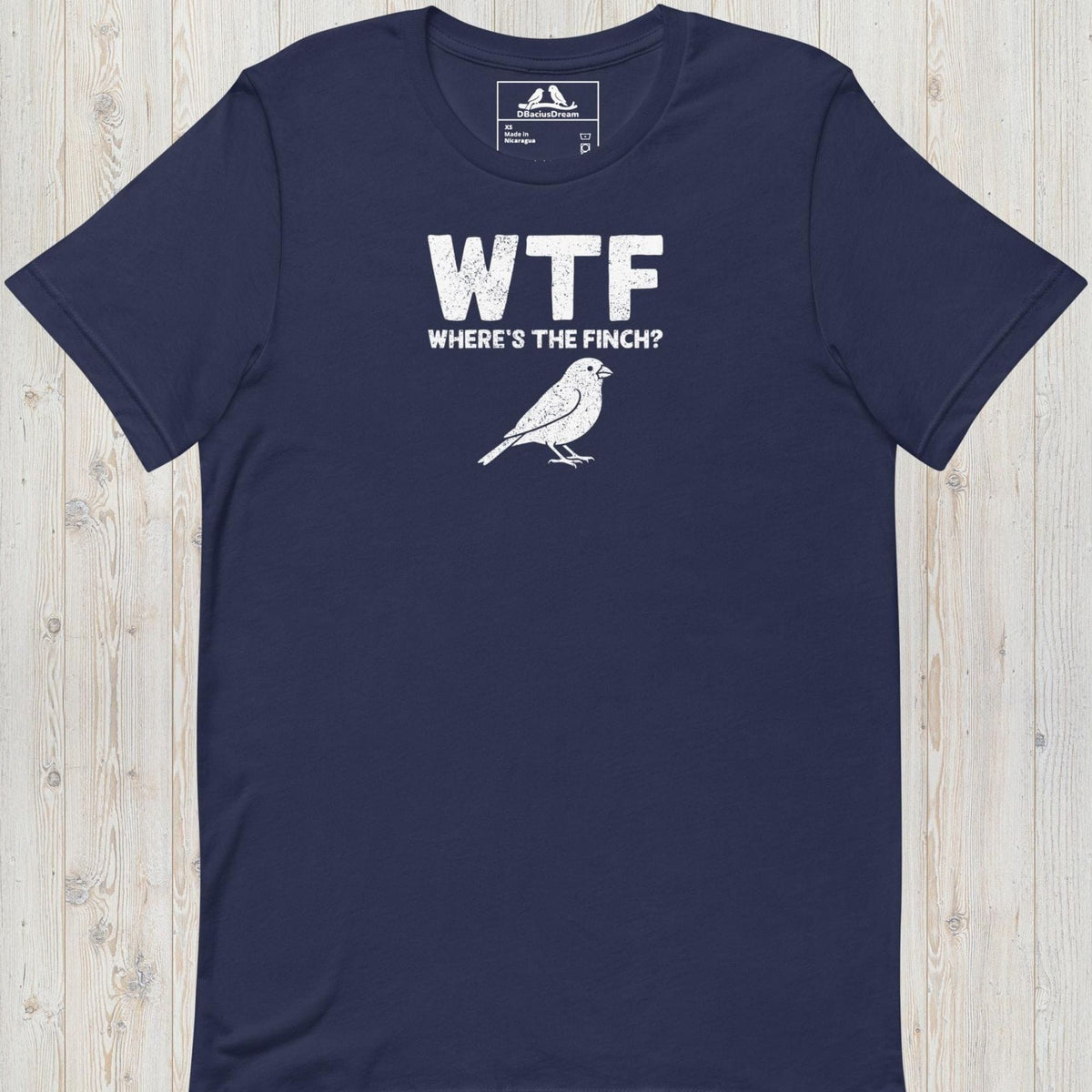 Dark blue funny finch t-shirt with a white finch graphic and the quote "WTF Where's The Finch"