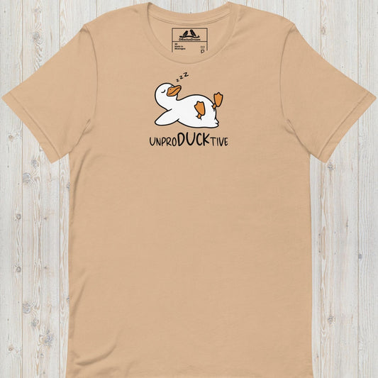 Beige funny duck t-shirt featuring a lazy duck lying on its back and the text "UnproDUCKtive"