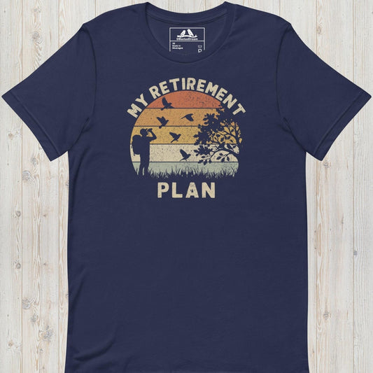 Dark blue birding my retirement plan t-shirt with a vintage sunset graphic, a birder, and flying birds
