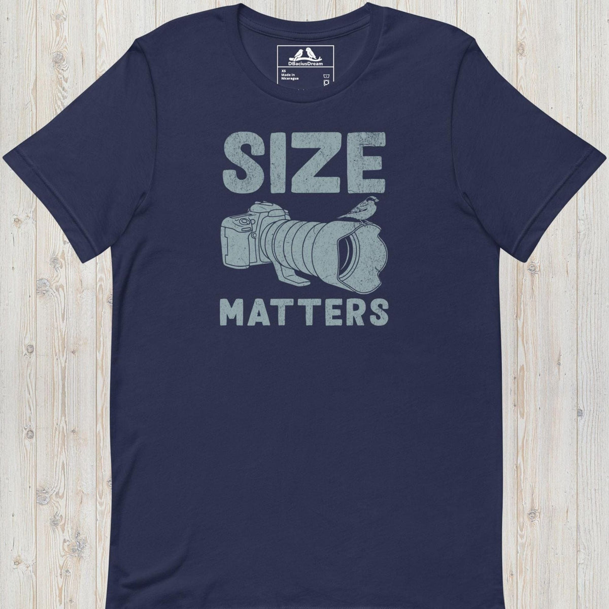 Dark blue funny bird photography t-shirt with DSLR camera, large telephoto lens, perched bird, and funny "Size Matters" quote