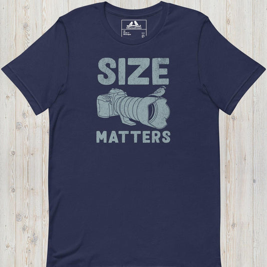 Dark blue funny bird photography t-shirt with DSLR camera, large telephoto lens, perched bird, and funny "Size Matters" quote