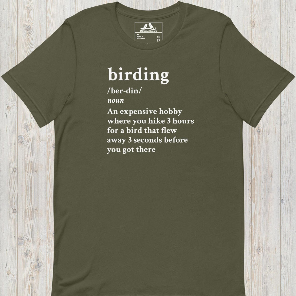 Olive green funny birding definition t-Shirt with dictionary-style birding quote in white text