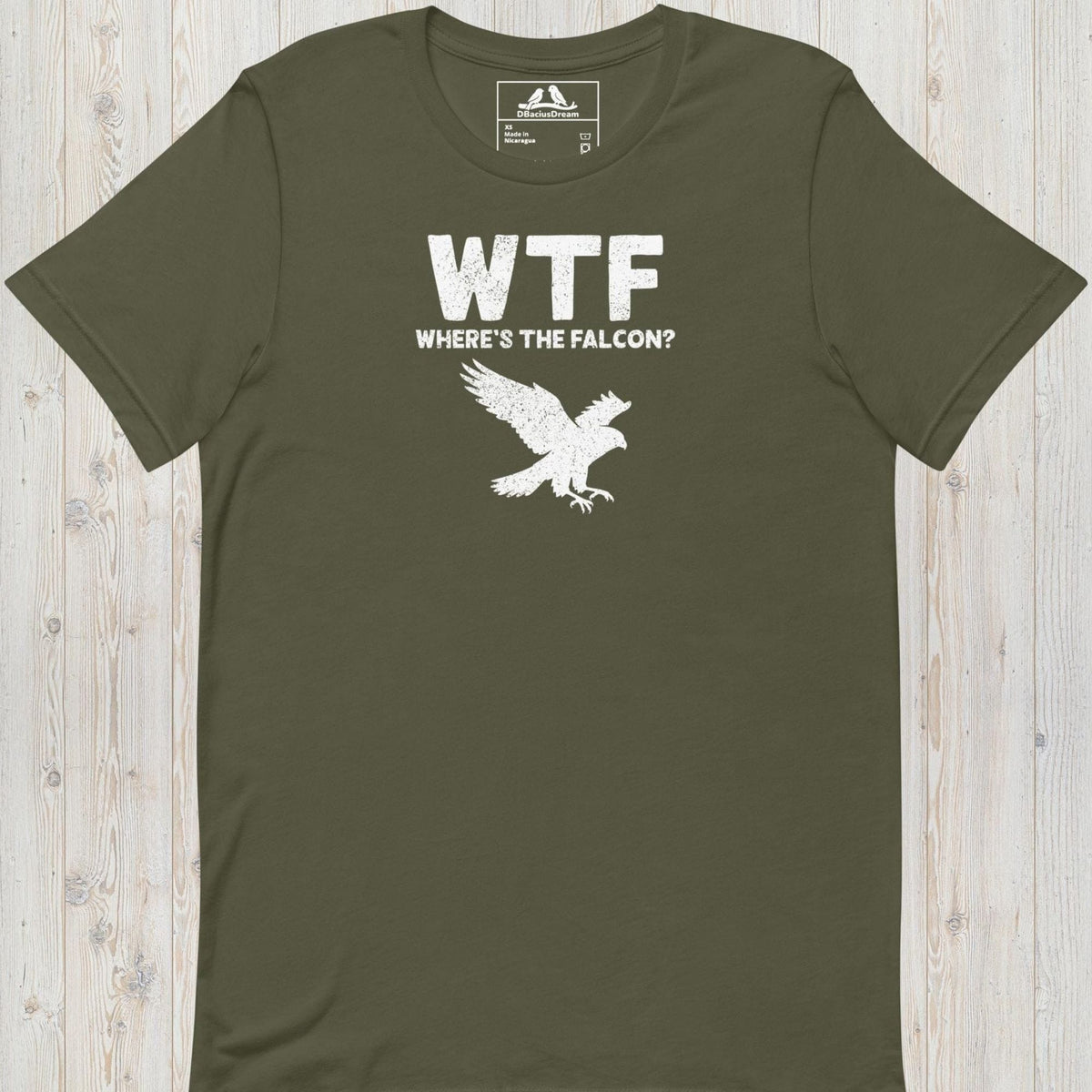 Olive green funny falcon t-shirt with a white falcon graphic and the quote "WTF Where's The Falcon"