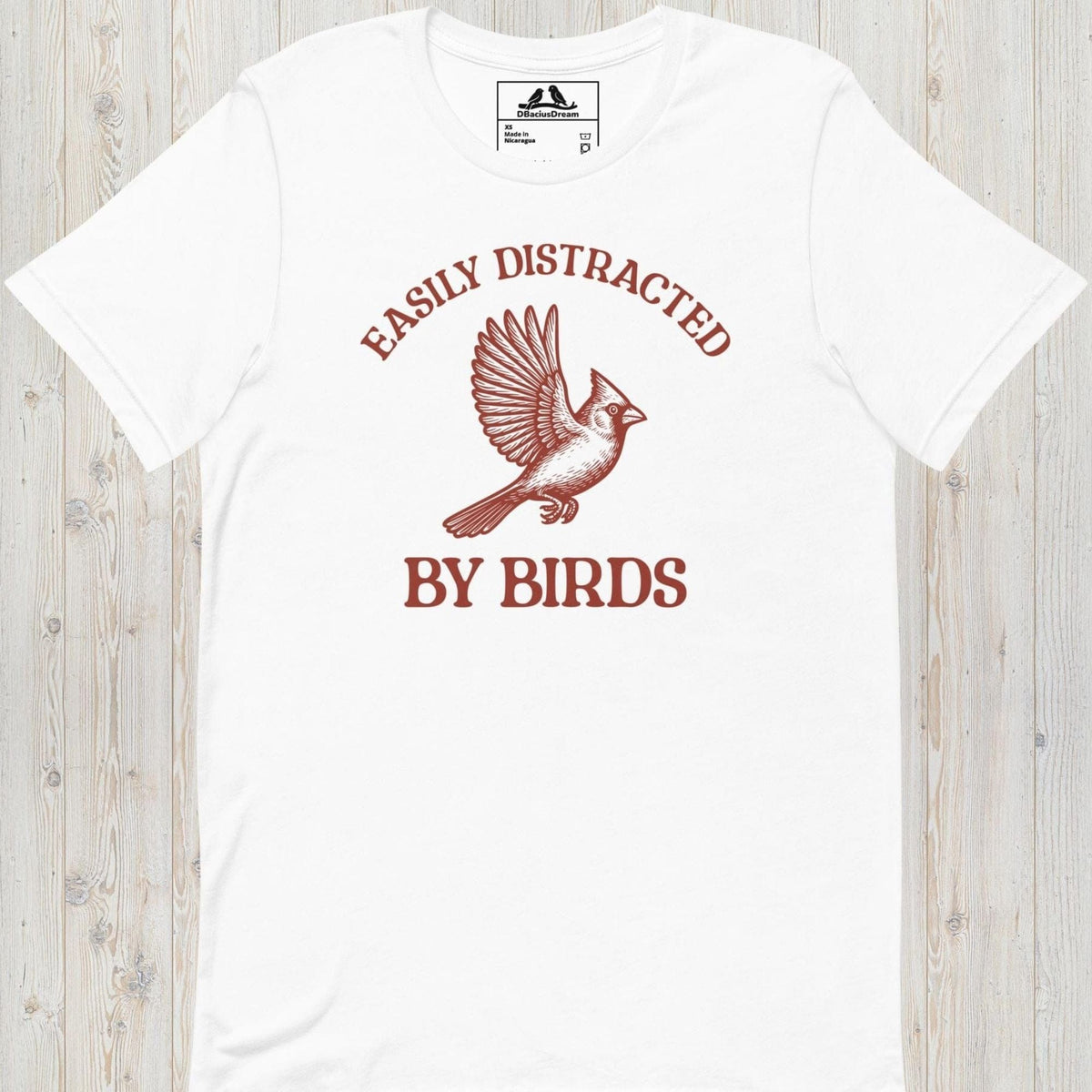 White Easily Distracted By Birds T-Shirt with vintage flying bird graphic and text design