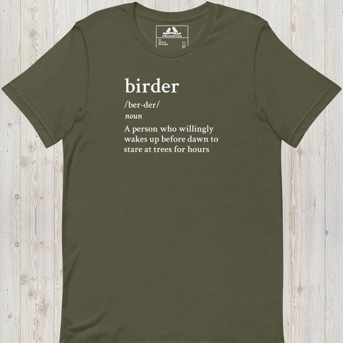 Olive green funny birder definition t-shirt with dictionary-style birder quote in white text