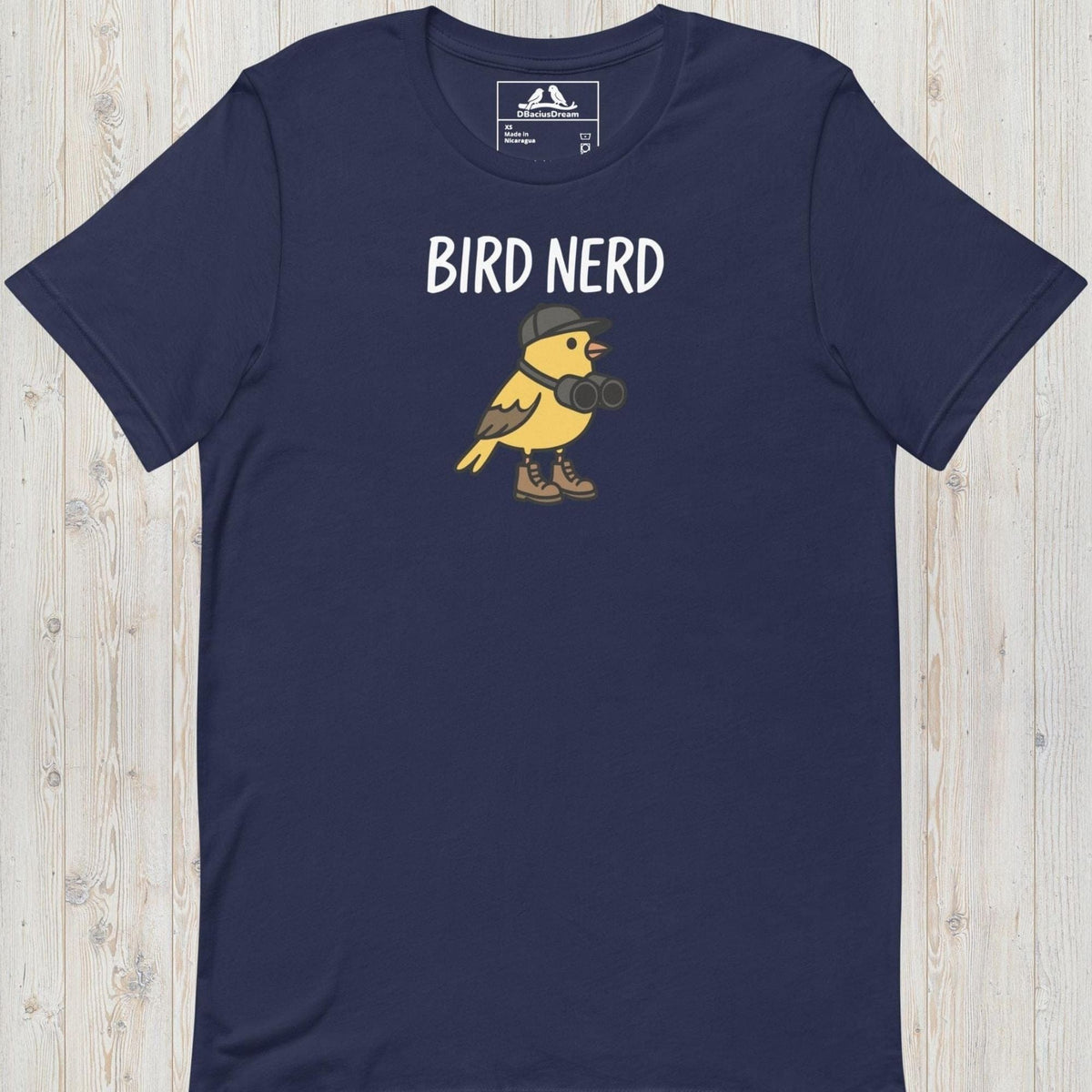 Dark blue cute bird nerd t-shirt with a yellow cartoon bird graphic and Bird Nerd text