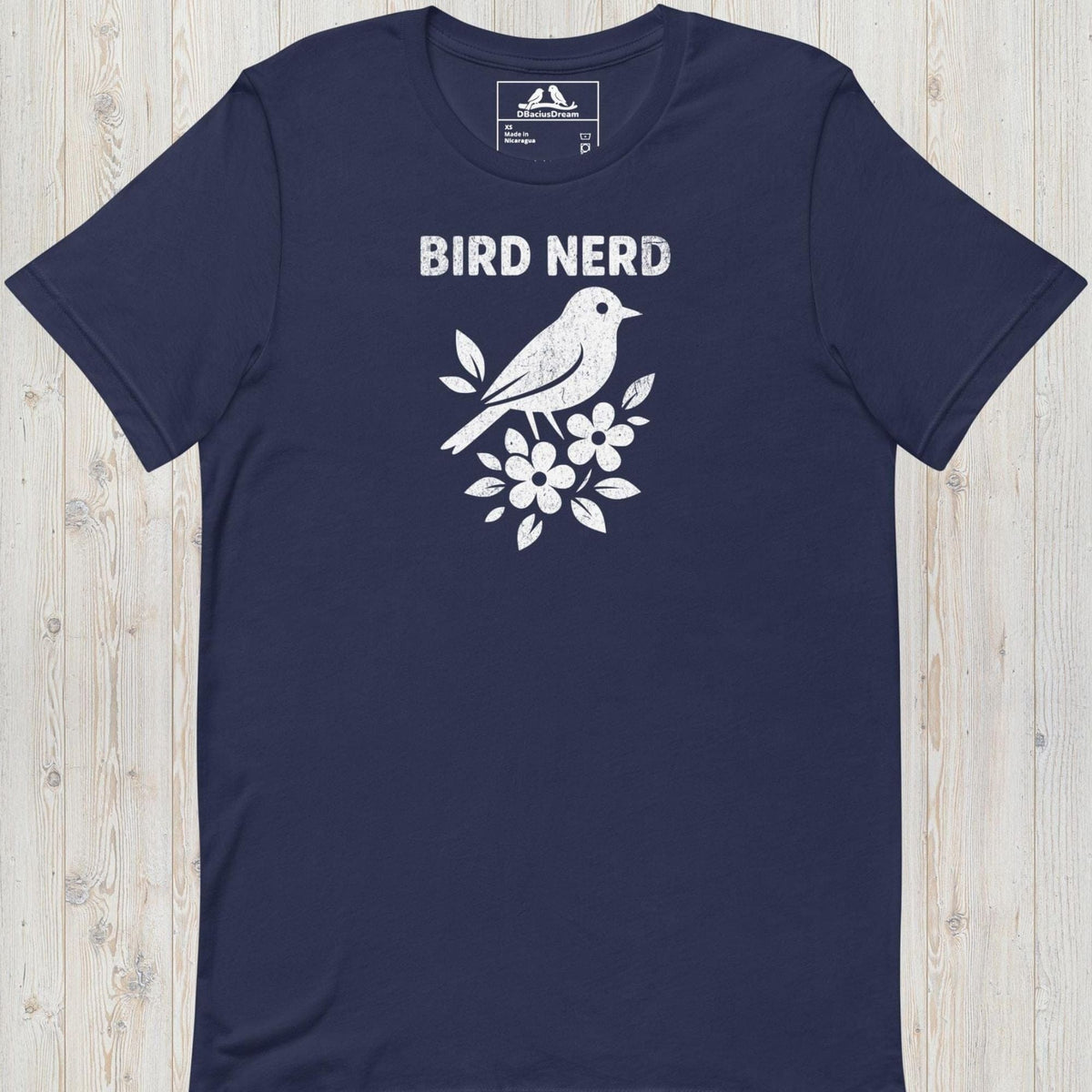 Dark blue vintage bird nerd t-shirt featuring a simple white bird graphic and Bird Nerd text