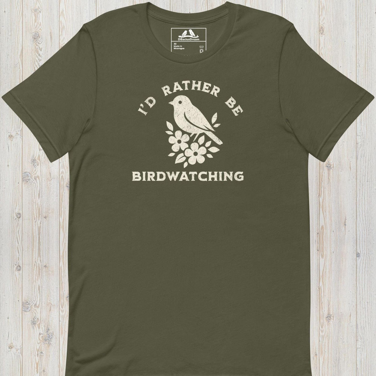 Olive green I'd Rather Be Birdwatching T-Shirt with vintage bird graphic