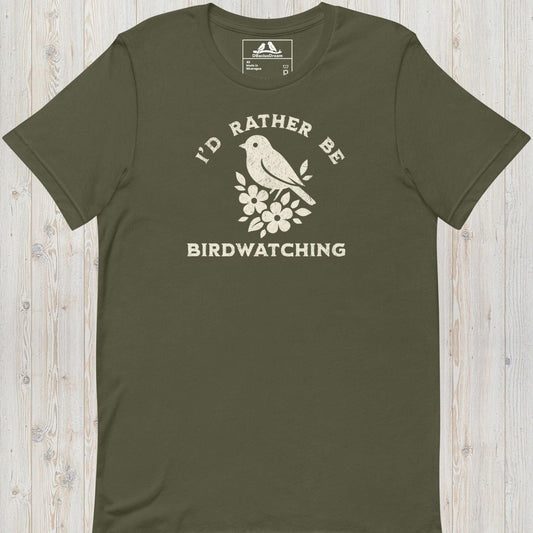 Olive green I'd Rather Be Birdwatching T-Shirt with vintage bird graphic