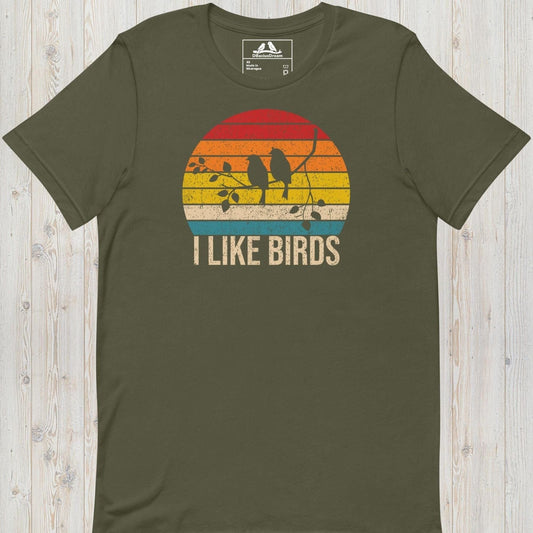 Olive Green I Like Birds graphic t-shirt with sunset bird silhouette design