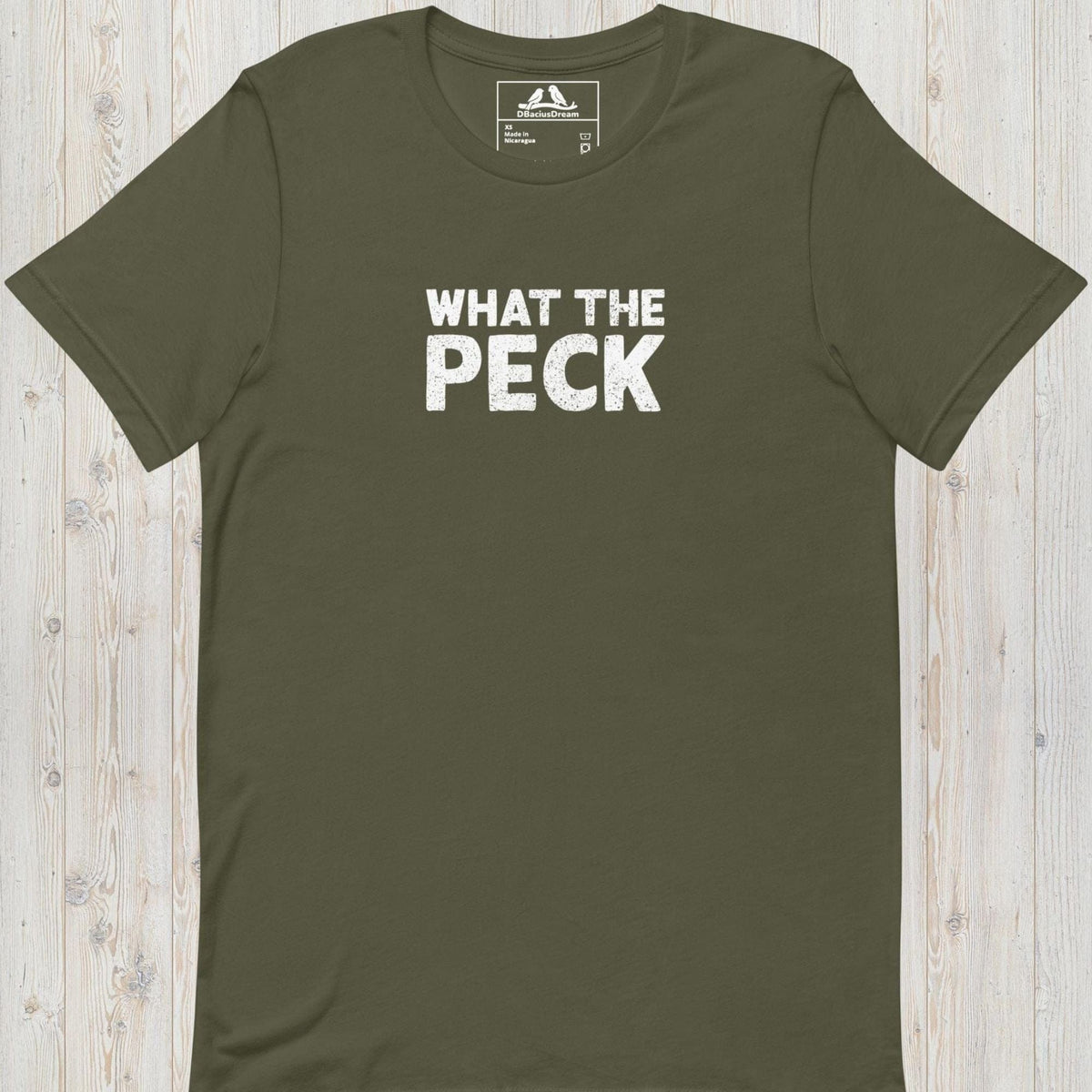 Olive green bird pun t-shirt with "What The Peck" funny quote text design