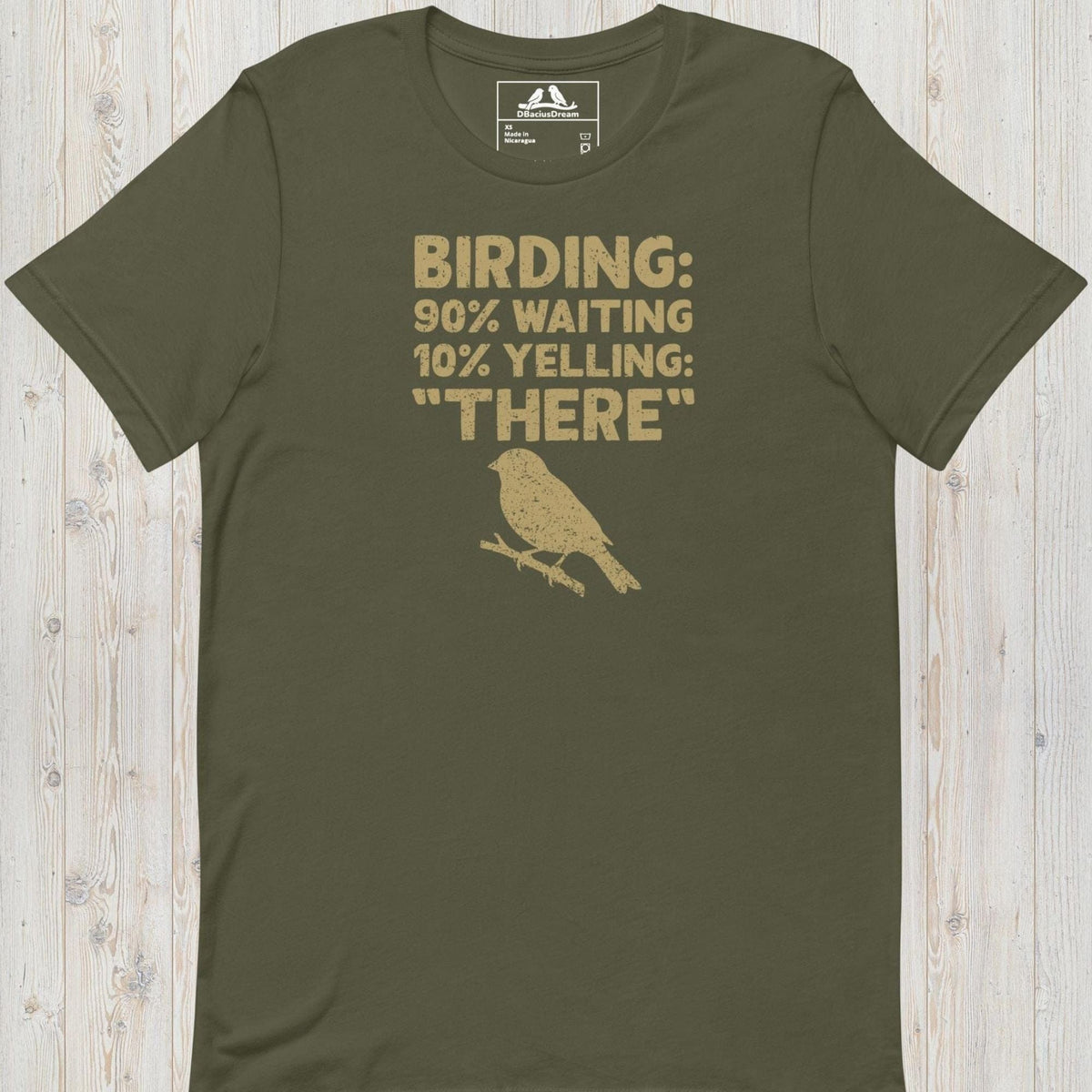 Olive green funny birdwatching t-shirt with bird silhouette and "Birding 90% Waiting 10% Yelling THERE" text