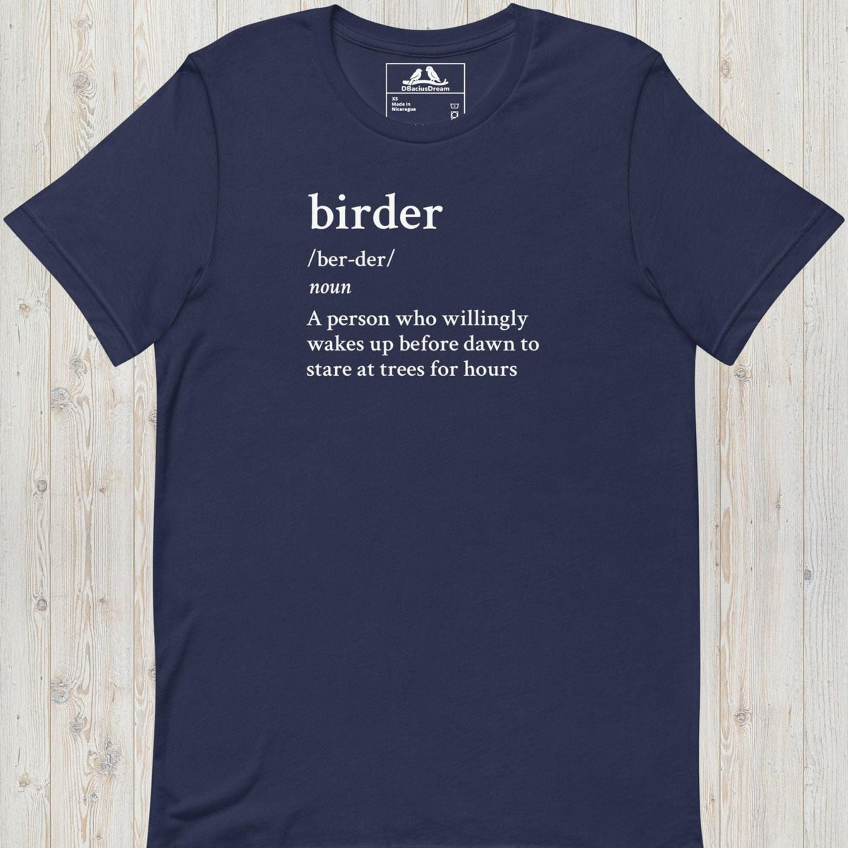 Dark blue funny birder definition t-shirt with dictionary-style birder quote in white text