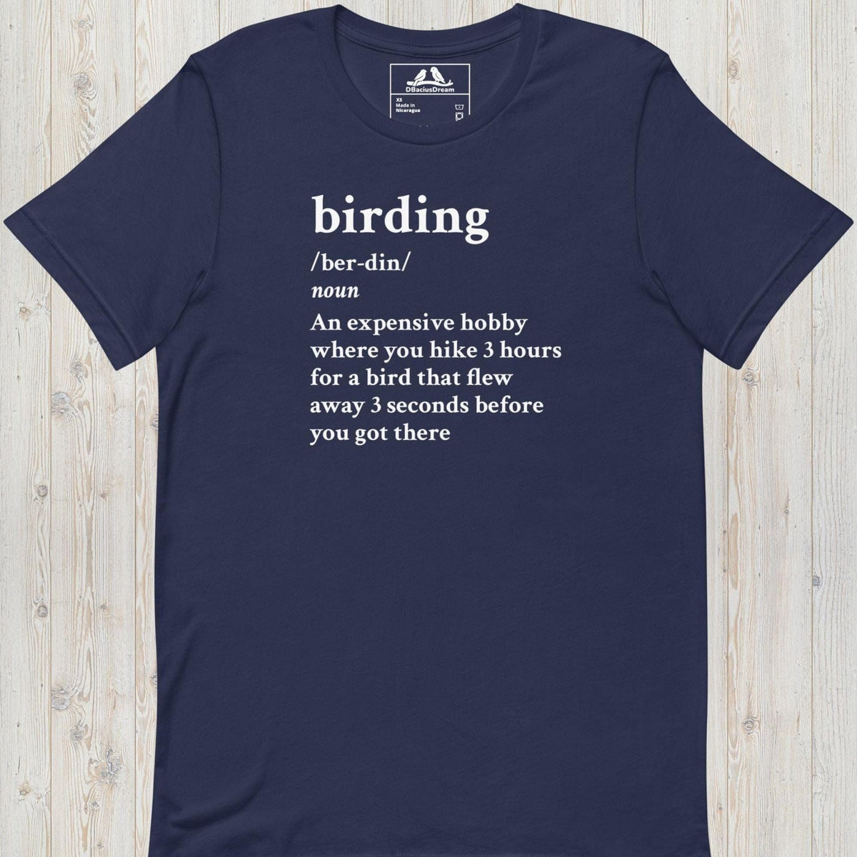Dark blue funny birding definition t-Shirt with dictionary-style birding quote in white text