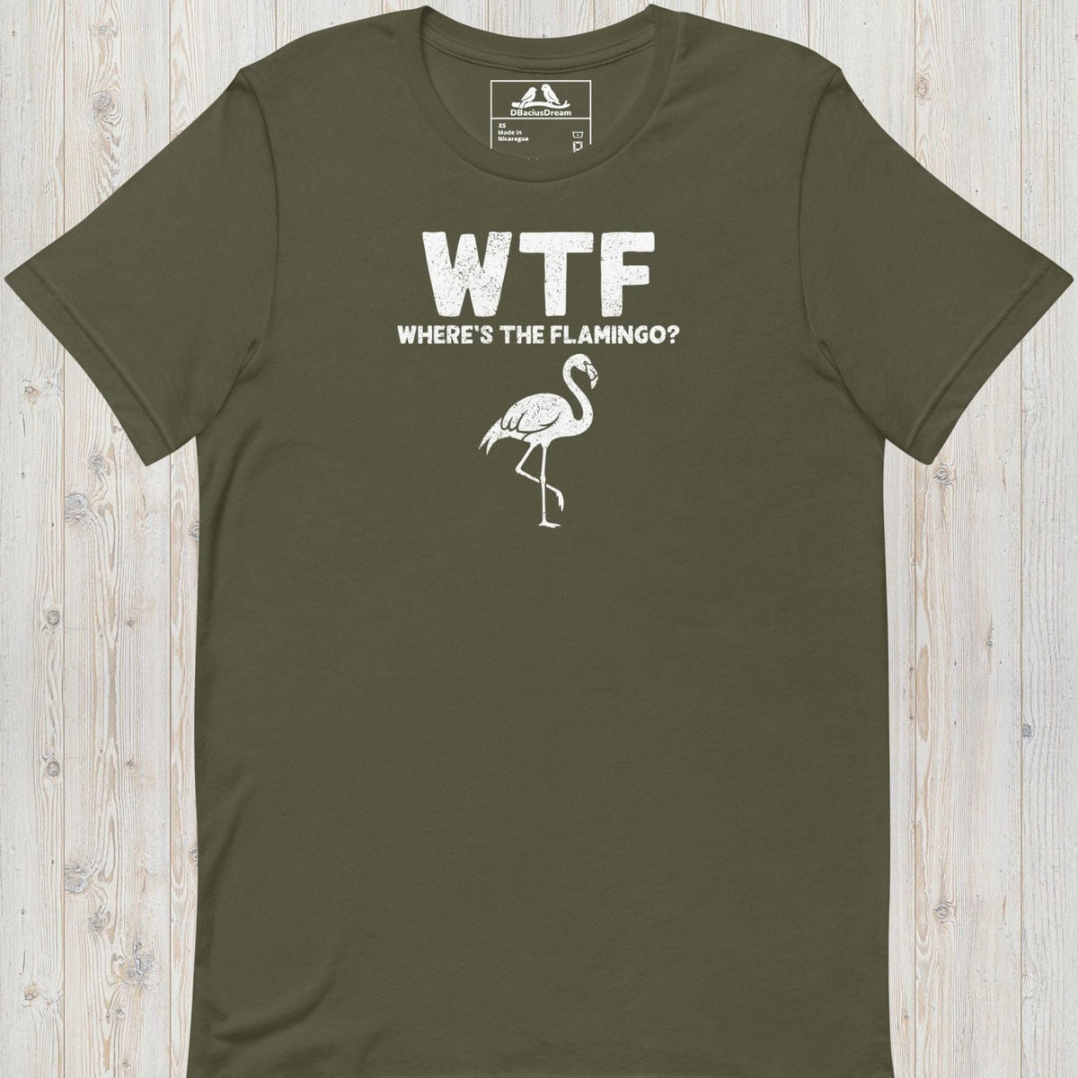 Olive green funny flamingo t-shirt with a white flamingo graphic and the quote "WTF Where's The Flamingo"