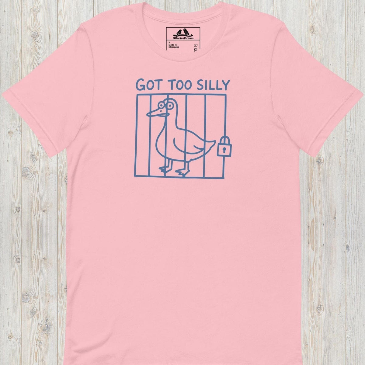 Pink got too silly funny goose t-shirt with a minimalist goose illustration behind bars and the quote "Got Too Silly"