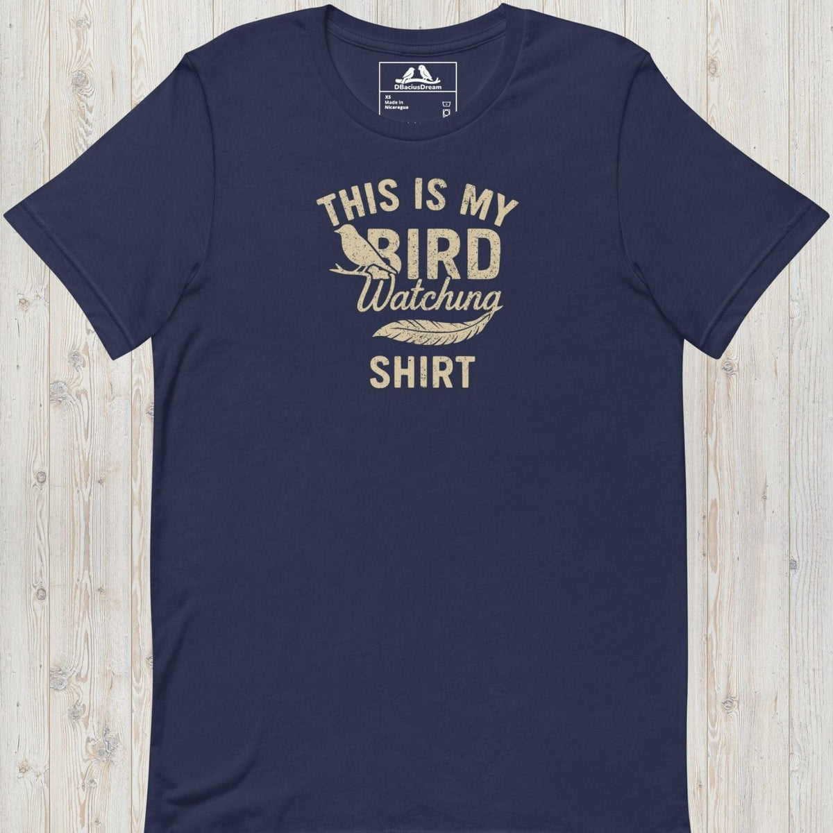 Dark blue birdwatching t-shirt with bird silhouette and the quote "This Is My Bird Watching Shirt"