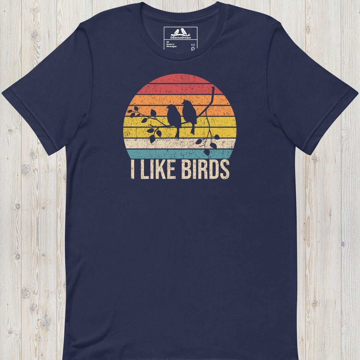 Dark blue I Like Birds graphic t-shirt with sunset bird silhouette design