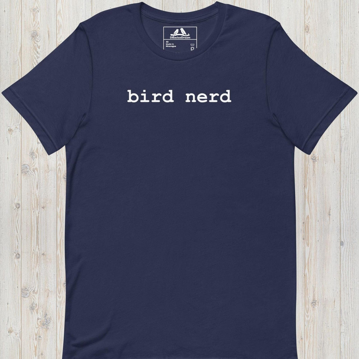 Dark blue minimalistic bird nerd t-shirt with simple white bird nerd text design
