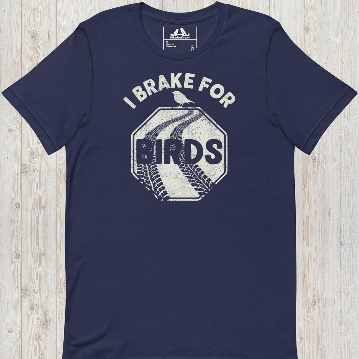 Dark blue I brake for birds t-shirt featuring a distressed road sign graphic