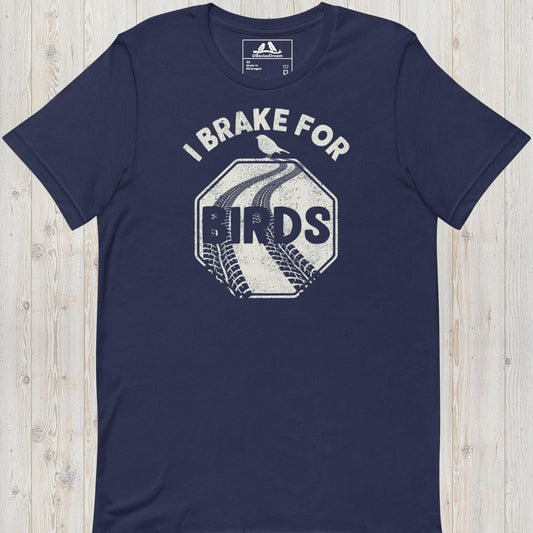 Dark blue I brake for birds t-shirt featuring a distressed road sign graphic